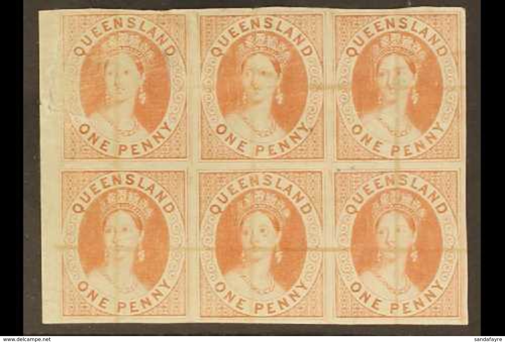 QUEENSLAND 1d Indian Red Chalon PLATE PROOF IMPERF. BLOCK OF SIX By Thomas Ham On Plates Supplied By Perkins Bacon, Pen  - Sonstige & Ohne Zuordnung