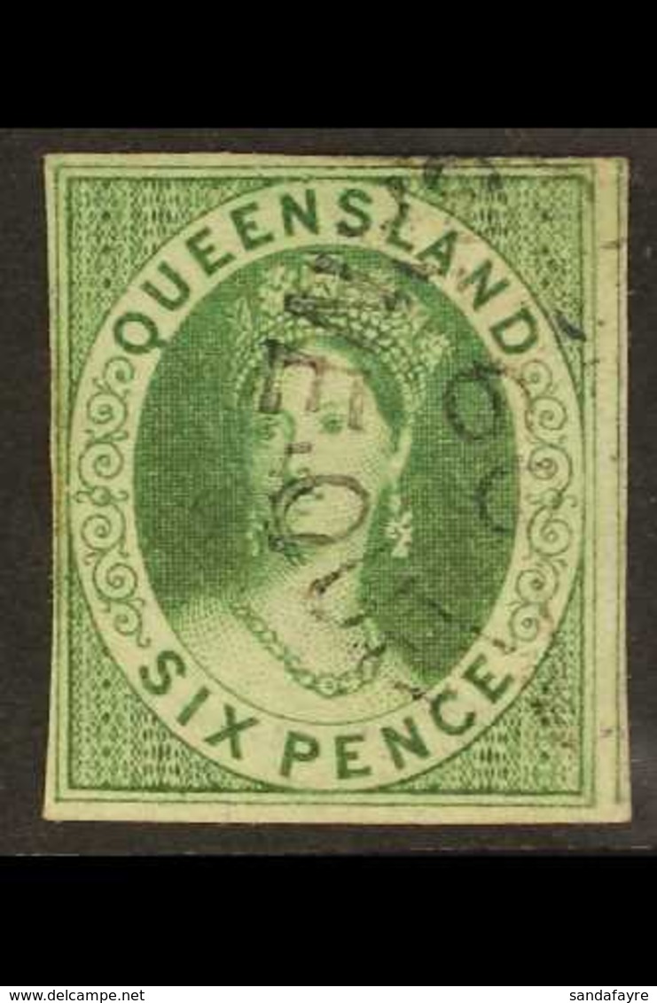 QUEENSLAND 1860 6d Green Imperf., SG 3, A Superb Used Example With 4 Margins & Crisp 1860 Cds Cancellation. Rarely Encou - Autres & Non Classés