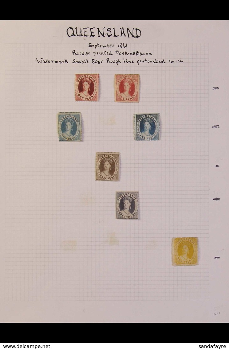 QUEENSLAND 1860-61 rough Perf MINT / UNUSED Range On An Old Album Page Includes 1d Carmine- Roses (2), 2d Blues (2), 3d  - Other & Unclassified