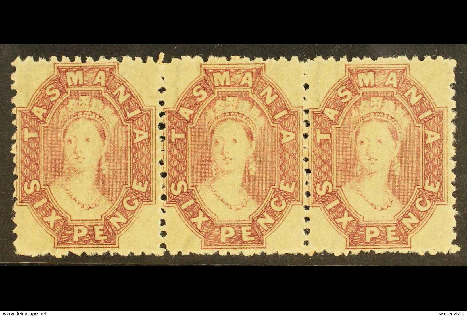 TASMANIA 1869 6d Reddish Mauve, Perf 12, Wmk Double Lined Numerals, SG 76, Superb Never Hinged Mint Strip Of 3. Lovely   - Andere & Zonder Classificatie