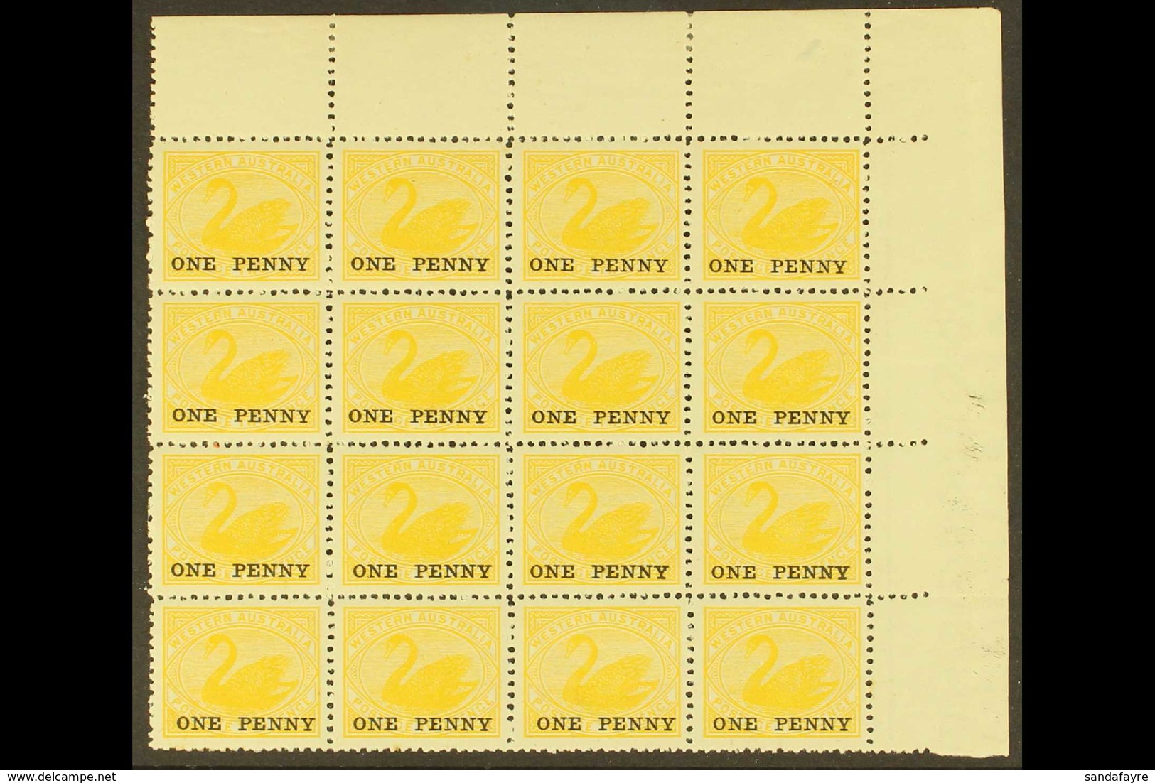 WESTERN AUSTRALIA 1912 1d On 2d Yellow Perf 12½x12, SG 172, Never Hinged Mint BLOCK OF SIXTEEN From The Top Right Corner - Sonstige & Ohne Zuordnung