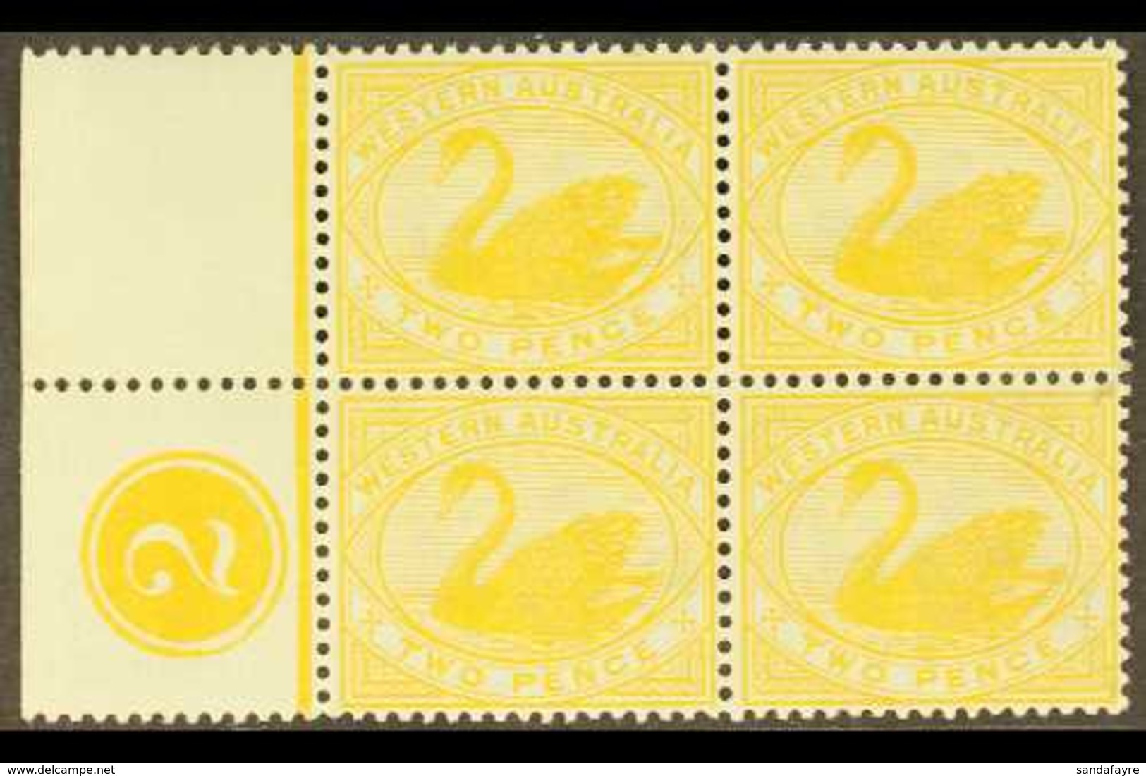 WESTERN AUSTRALIA 1898-1907 2d Bright Yellow, Wmk SG Type W18, Control Block Of Four, SG 113, Light Hinge Mark On Margin - Andere & Zonder Classificatie