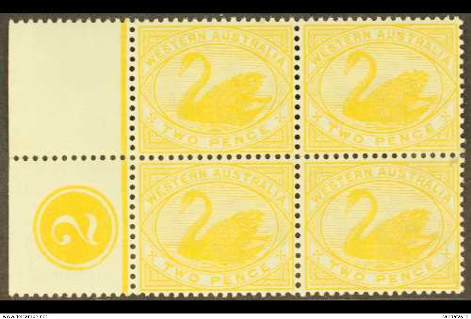 WESTERN AUSTRALIA 1898-1907 2d Bright Yellow, Wmk SG Type W18, Control Block Of Four, SG 113, Light Hinge Mark On Margin - Other & Unclassified