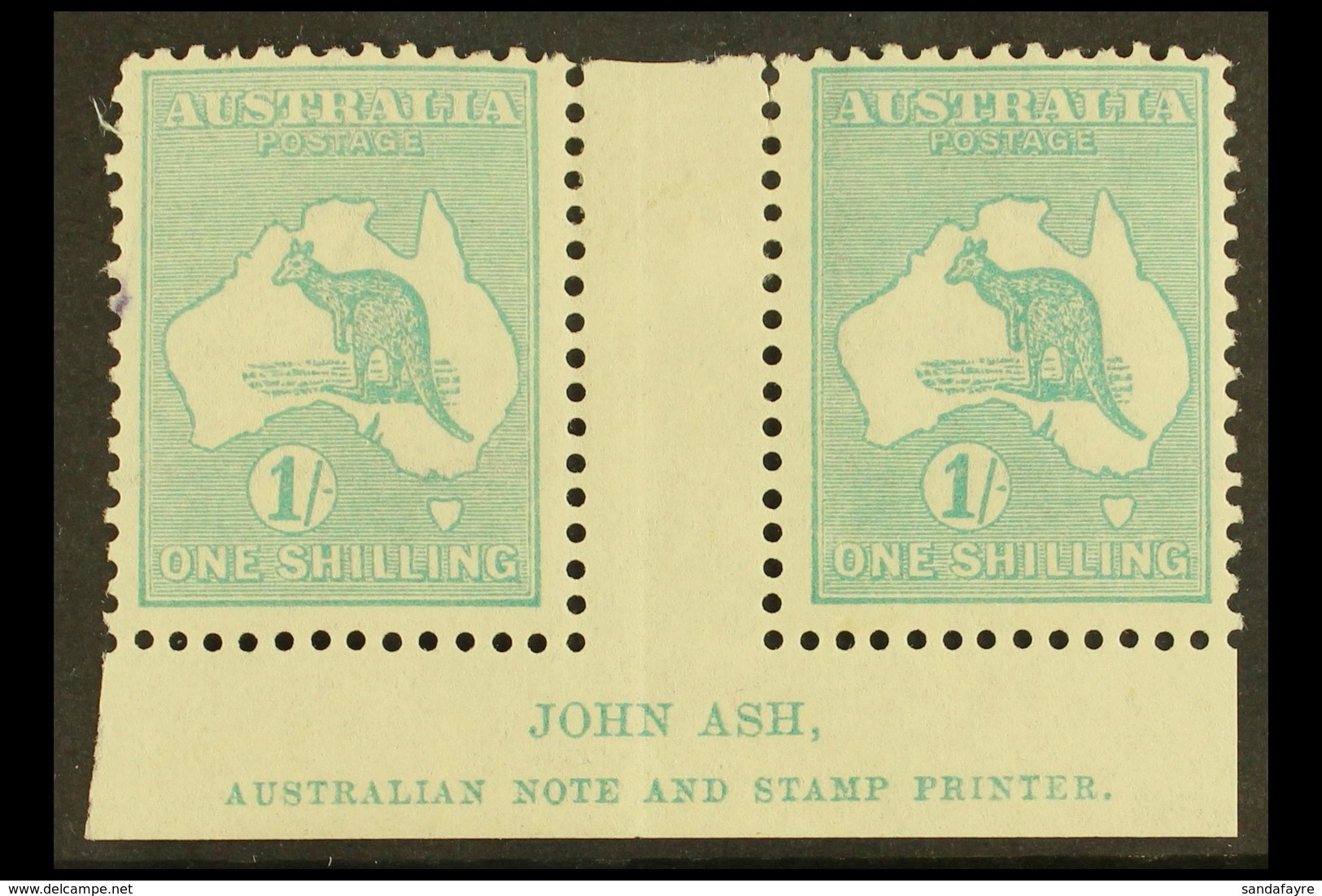 1915-27 1s Blue-green, SG 40, JOHN ASH Imprint Gutter Pair, Mint, Tiny Ink Spot At Left. For More Images, Please Visit H - Other & Unclassified