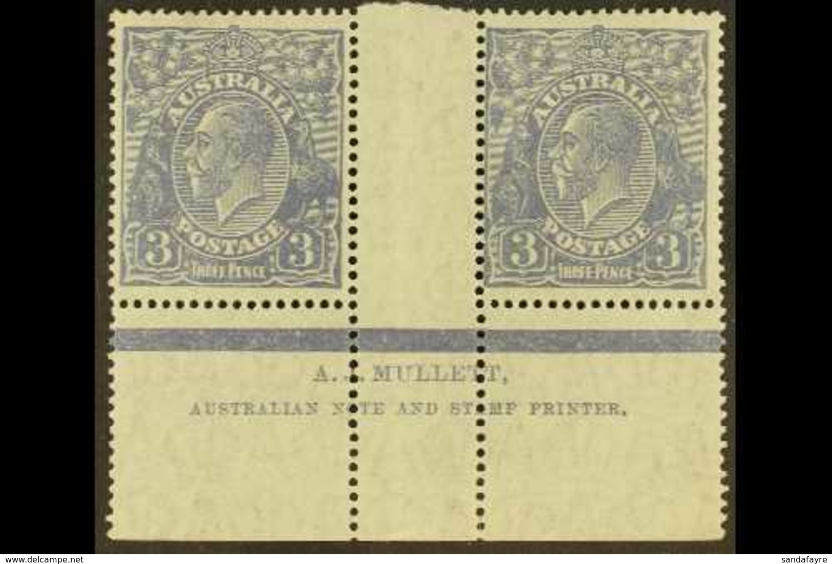 1926-30 3d Dull Ultramarine KGV Head Perf 14, SG 90, Fine Mint Marginal Horizontal Gutter PAIR WITH MULLET IMPRINT (both - Other & Unclassified