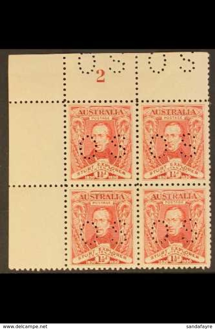 OFFICIAL 1931 Sturt Centenary 1½d Scarlet Punctured "OS", SG O121, Corner PLATE NUMBER BLOCK OF FOUR (Plate 2), Never Hi - Sonstige & Ohne Zuordnung