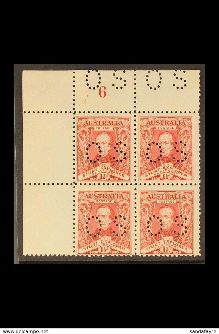 OFFICIAL 1931 Sturt Centenary 1½d Scarlet Punctured "OS", SG O121, Corner PLATE NUMBER BLOCK OF FOUR (Plate 6), Never Hi - Autres & Non Classés