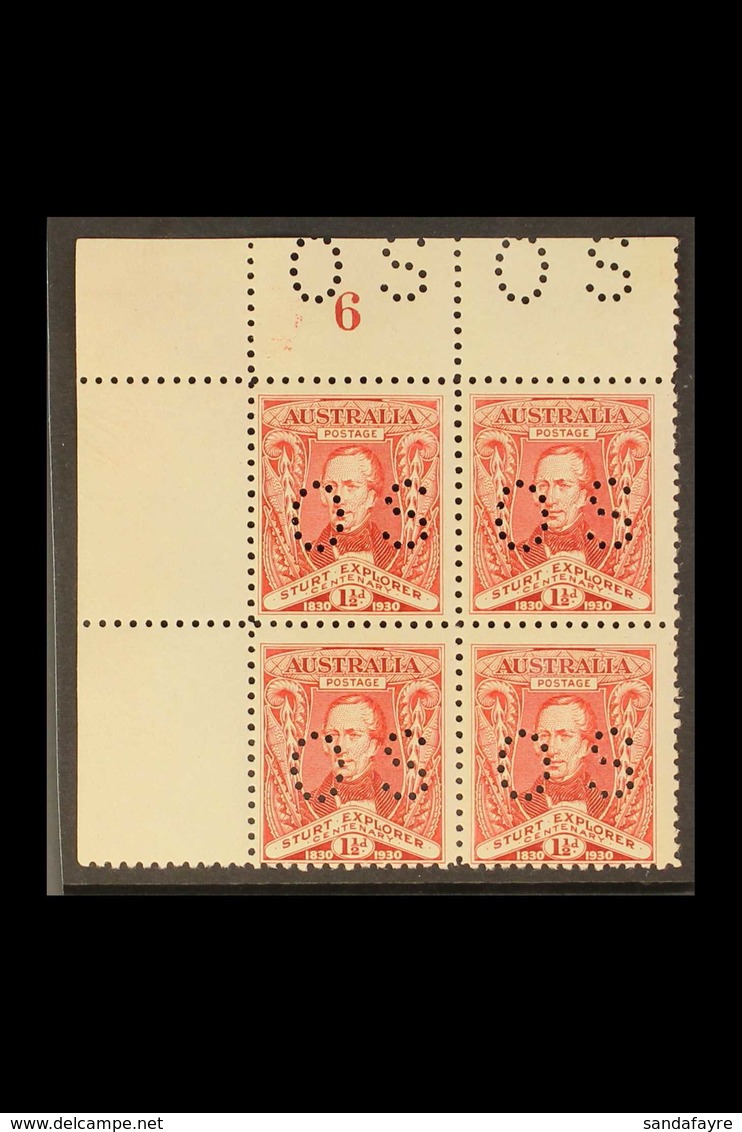 OFFICIAL 1931 Sturt Centenary 1½d Scarlet Punctured "OS", SG O121, Corner PLATE NUMBER BLOCK OF FOUR (Plate 6), Never Hi - Sonstige & Ohne Zuordnung