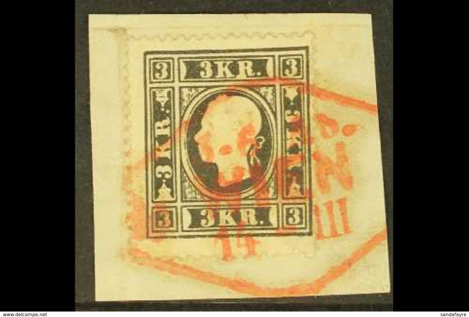 1858 3kr Black, Type I, Mi 11I, SG 23,  Fine Used On Piece With Red Wien Cancel. For More Images, Please Visit Http://ww - Otros & Sin Clasificación