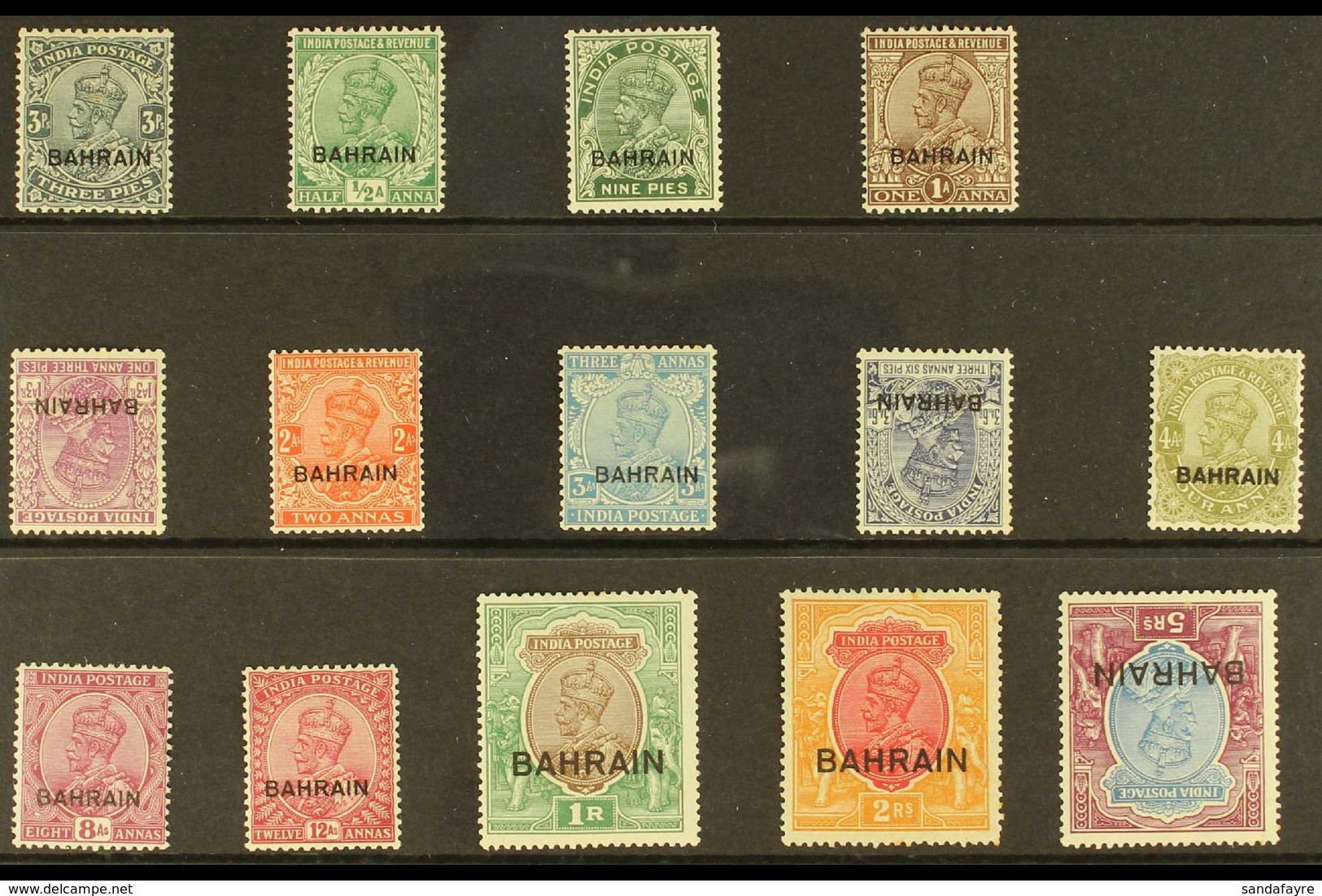 1930-37 KGV India Issues Opt'd "Bahrain" Set, SG 1/14w, 1a3p, 3a6p & 5r With Inverted Watermarks, Fine Mint (14 Stamps)  - Bahreïn (...-1965)