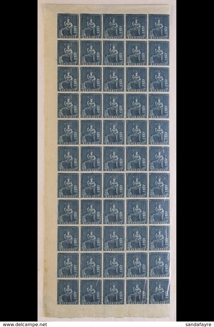 1852-55 (no Value) Slate- Blue Britannia Prepared For Use But Not Issued (SG 5a) Never Hinged Mint HALF SHEET OF FIFTY-F - Barbados (...-1966)