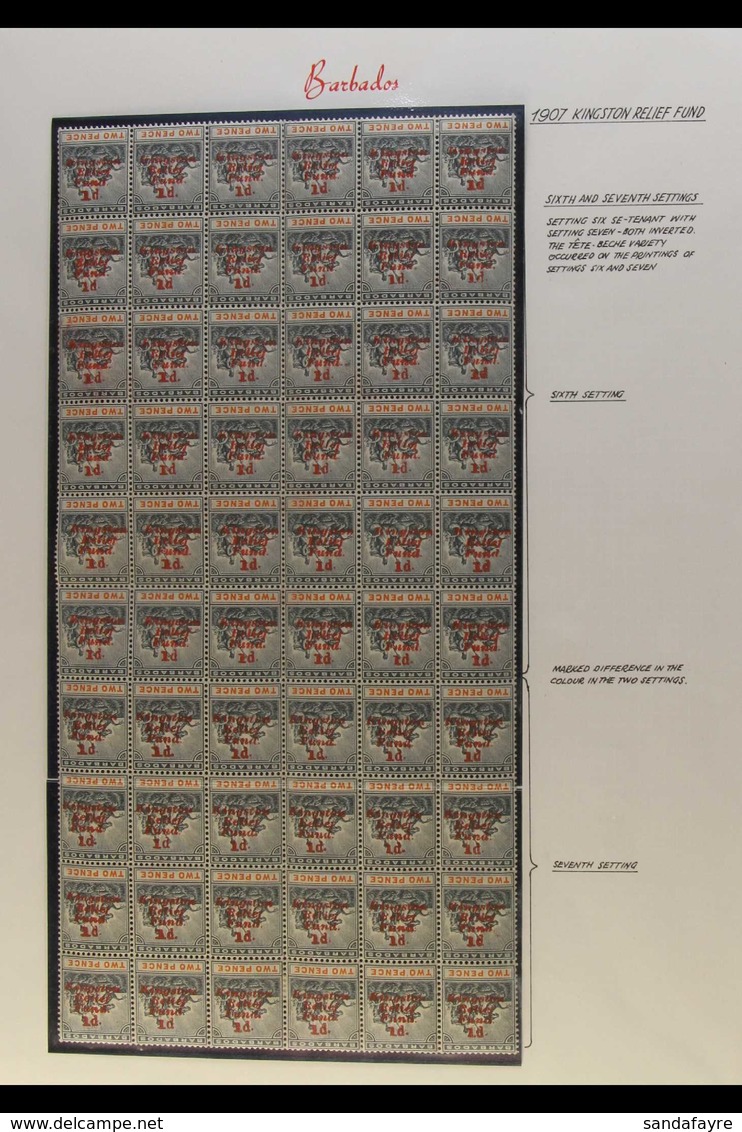 1907 KINGSTON RELIEF FUND, COMPLETE PANE OF SIXTY - Sixth & Seventh Settings In Combination, Ovpt Inverted, No Stop Afte - Barbados (...-1966)