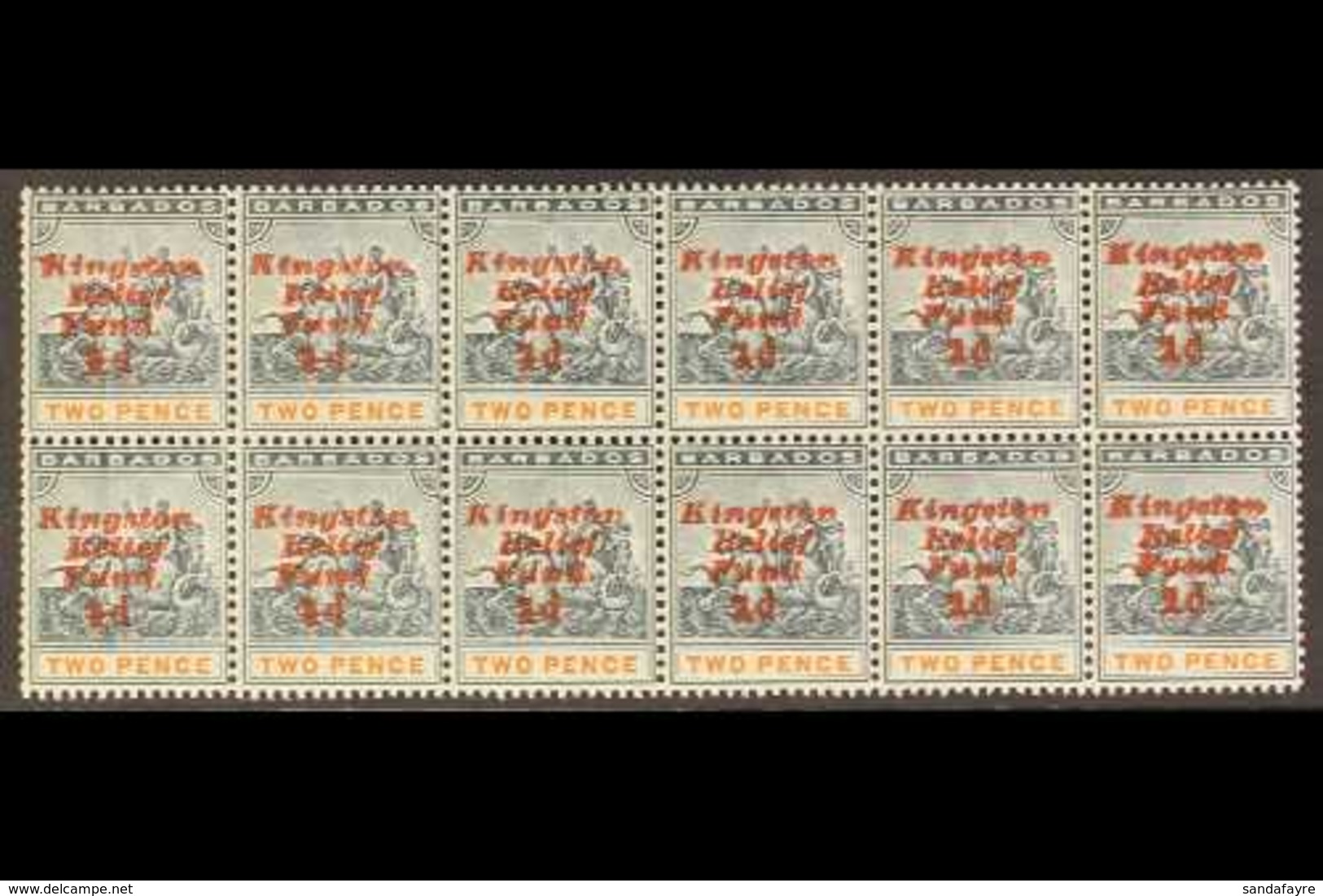 1907 MULTIPLE WITH VARIETIES KINGSTON RELIEF FUND, PART PANE Of 12 Stamps - Fifth Setting, Ovpt Upright, With Missing St - Barbados (...-1966)