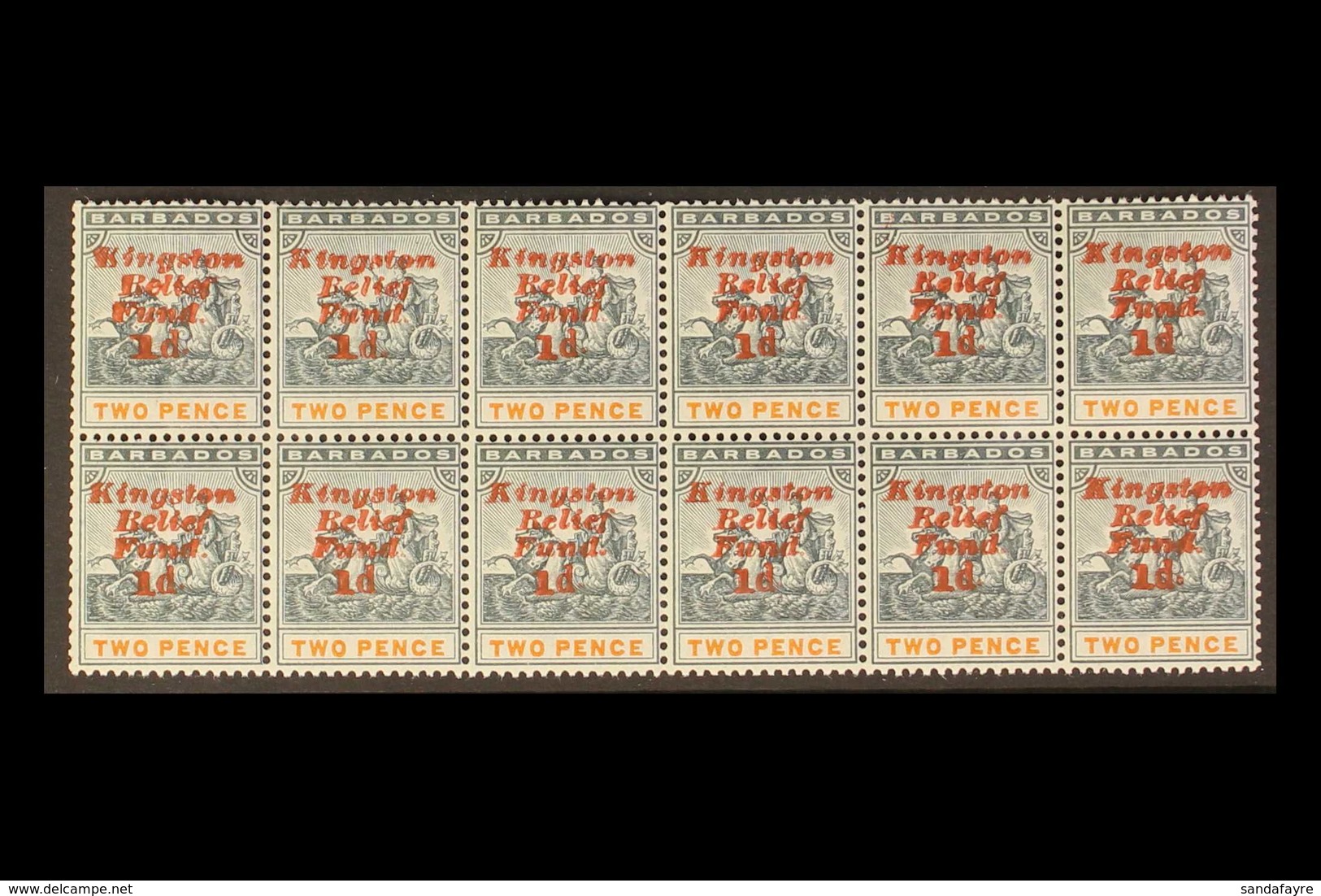1907 MULTIPLE WITH VARIETIES KINGSTON RELIEF FUND, PART PANE Of 12 Stamps - Fifth Setting, Ovpt Upright, With Missing St - Barbados (...-1966)