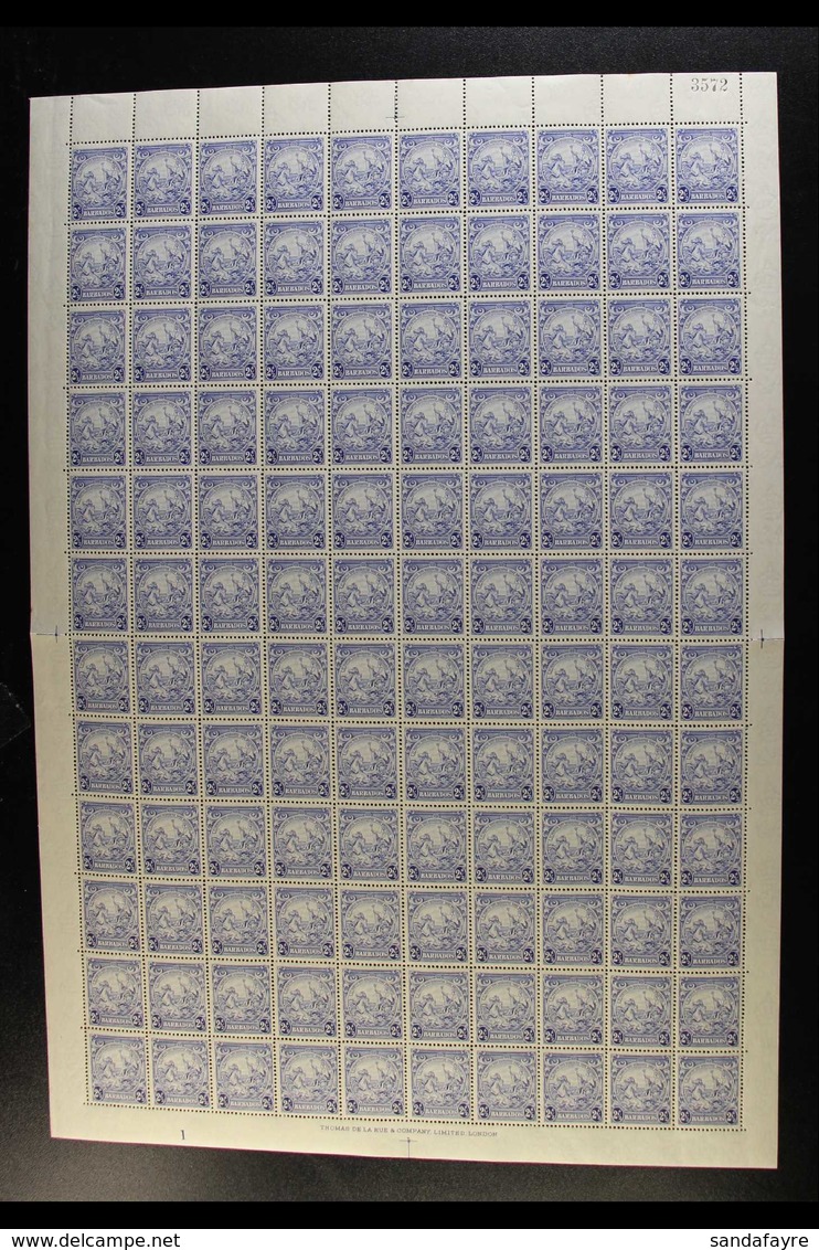 1938-47 2½d Ultramarine (SG 251) - A Never Hinged Mint COMPLETE SHEET With Full Margins, Includes Three "Mark On Central - Barbades (...-1966)
