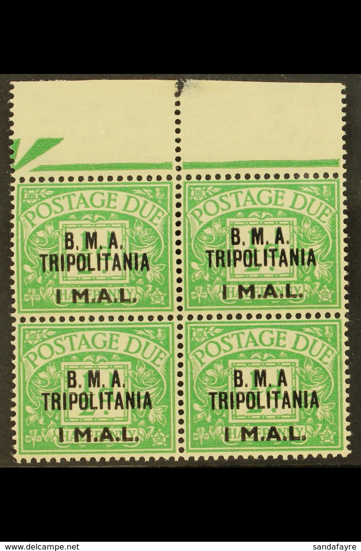 TRIPOLITANIA POSTAGE DUES 1948 1L On ½d Emerald, Marginal Block Of 4, One Copy Showing The Variety "No Stop After A", SG - Italian Eastern Africa