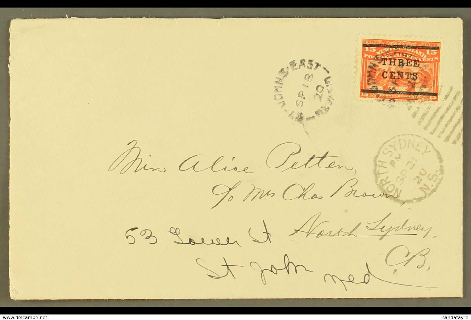 1920 3c On 15c Bright Scarlet, SG 146, On Neat Cover Tied St John's East Sept. 18th 1920 Cds, Sent To North Sydney, Nova - Altri & Non Classificati