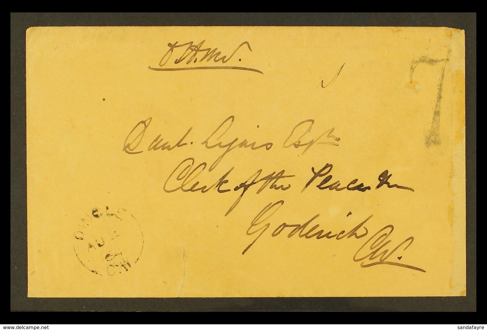 1864 RAILWAY POSTMARK. (4 Aug) Stampless Official Cover Addressed To Goderich With Manuscript 'O.H.M.S.', Large "7" Rate - Other & Unclassified