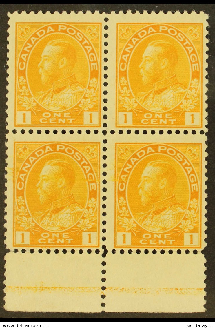 1911-25 1c Yellow Admiral (Unitrade 105) With Type C LATHEWORK In The Lower Sheet Margin Of A Block Of Four, Fine Mint.  - Otros & Sin Clasificación