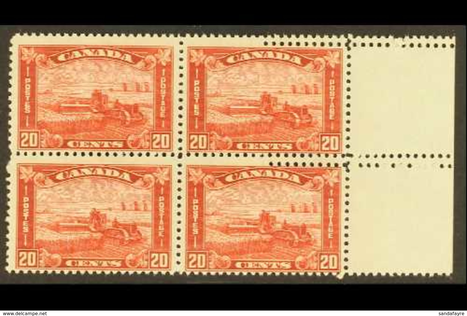 1930-31 20c Red Harvesting With Tractor (SG 301) Block Of Four From The Right Side Of The Sheet Showing DRAMATIC DOUBLE  - Andere & Zonder Classificatie