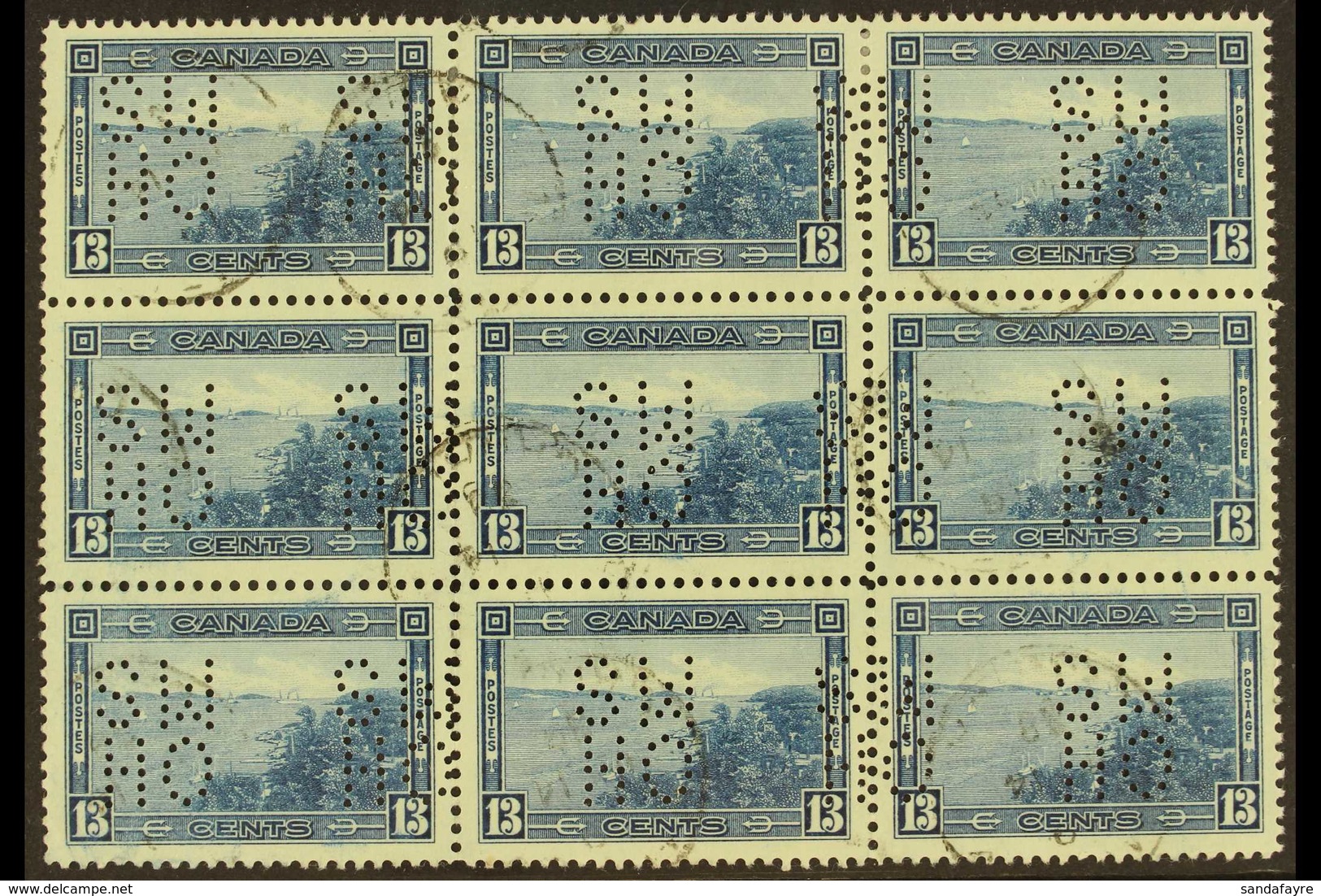 OFFICIAL 1937-38 13c Blue Punctured "O.H.M.S.", SG O104, Very Fine Used BLOCK OF NINE. (9 Stamps) For More Images, Pleas - Andere & Zonder Classificatie