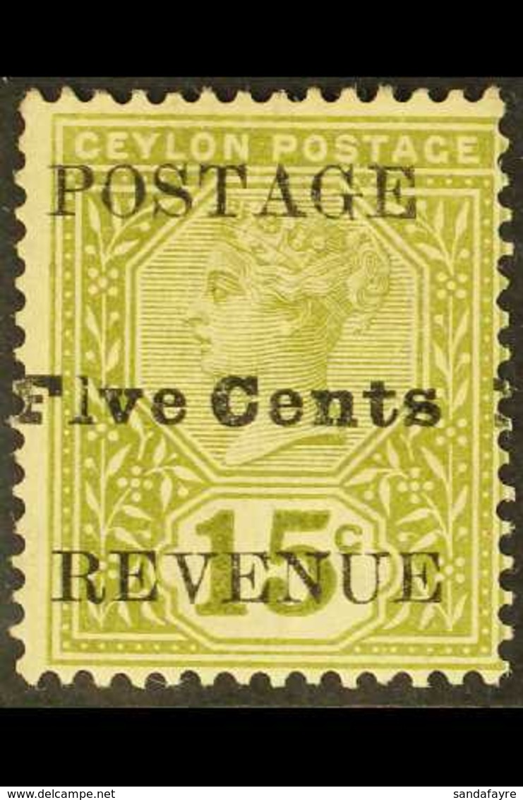 1890 5c On 15c Olive-green Local Surcharge With "Flve For Five" Variety, SG 233c, Fine Mint. With APEX Photo Certificate - Ceilán (...-1947)