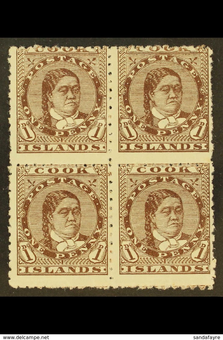 1893-1900 1d Brown Queen, SG 5, Scarce Mint Block Of Four With Large Part Gum, Some Light Paper Adherence. For More Imag - Cookinseln
