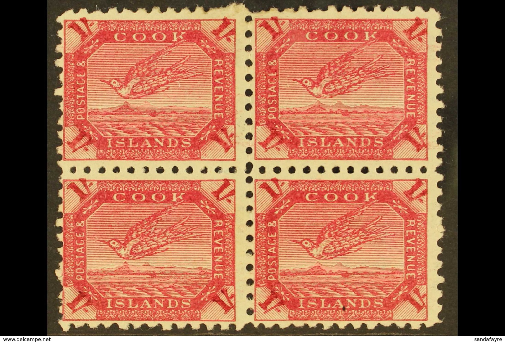 1893-1900 1s Deep Carmine Tern, SG 20a, Fine Mint Block Of Four.  For More Images, Please Visit Http://www.sandafayre.co - Cookeilanden