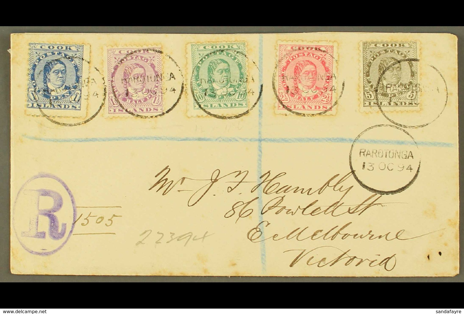 1894 (13th October) Envelope Registered To Victoria, Bearing Queen Makea Takau 1d Blue, 1½d, 2½d, 5d And 10d, Each Tied  - Cook Islands