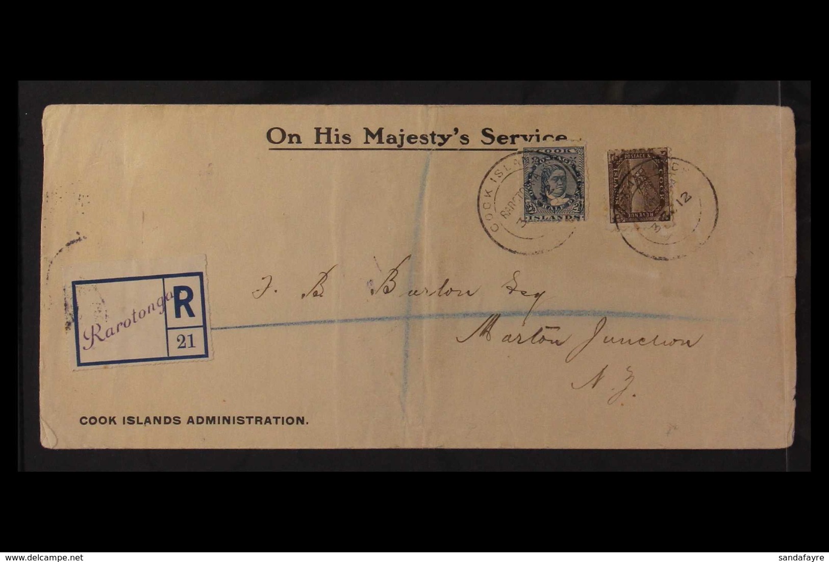 1912 (3 Oct) Registered Printed OHMS Cook Islands Administration Envelope Addressed To New Zealand, Bearing 2d & 2½d Sta - Cookeilanden