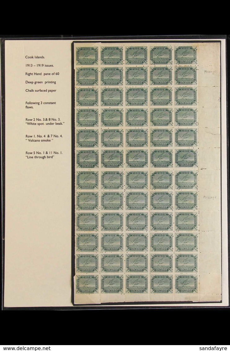 1913 ½d Green White Tern, SG 39, Complete Mint Right Hand Pane Of 60 With Margins To 3 Sides Showing Constant Flaws In R - Cookinseln