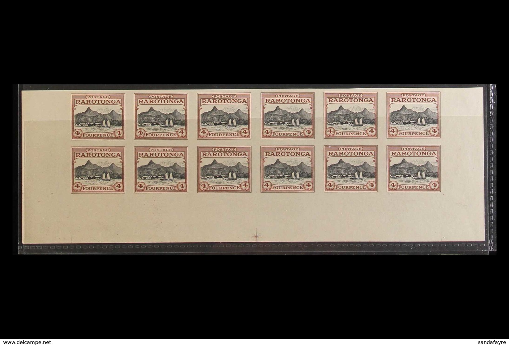 1924/7 4d Raratonga Harbour Colour Trial In Brown And Black, As SG 84, Imperf Bottom Part Sheet Of 12, On Ungummed Paper - Islas Cook