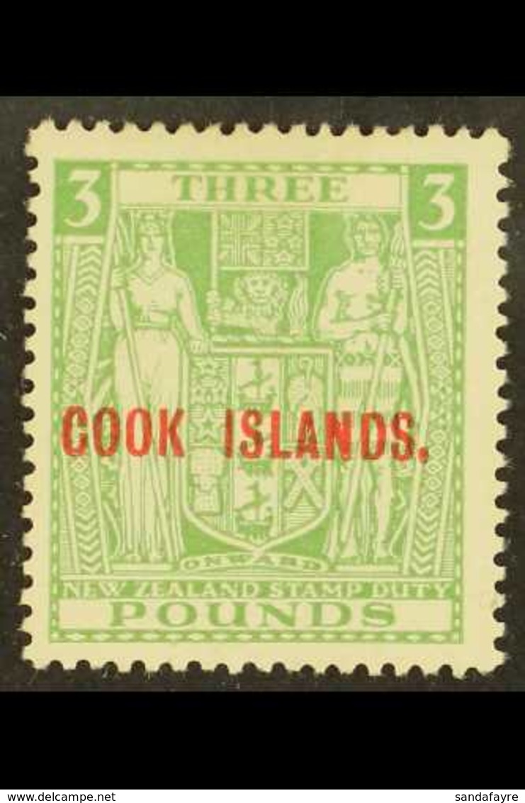 1931-32 £3 Green, SG 98a, Mint With Good Colour, Lightly Toned Gum. For More Images, Please Visit Http://www.sandafayre. - Cookinseln