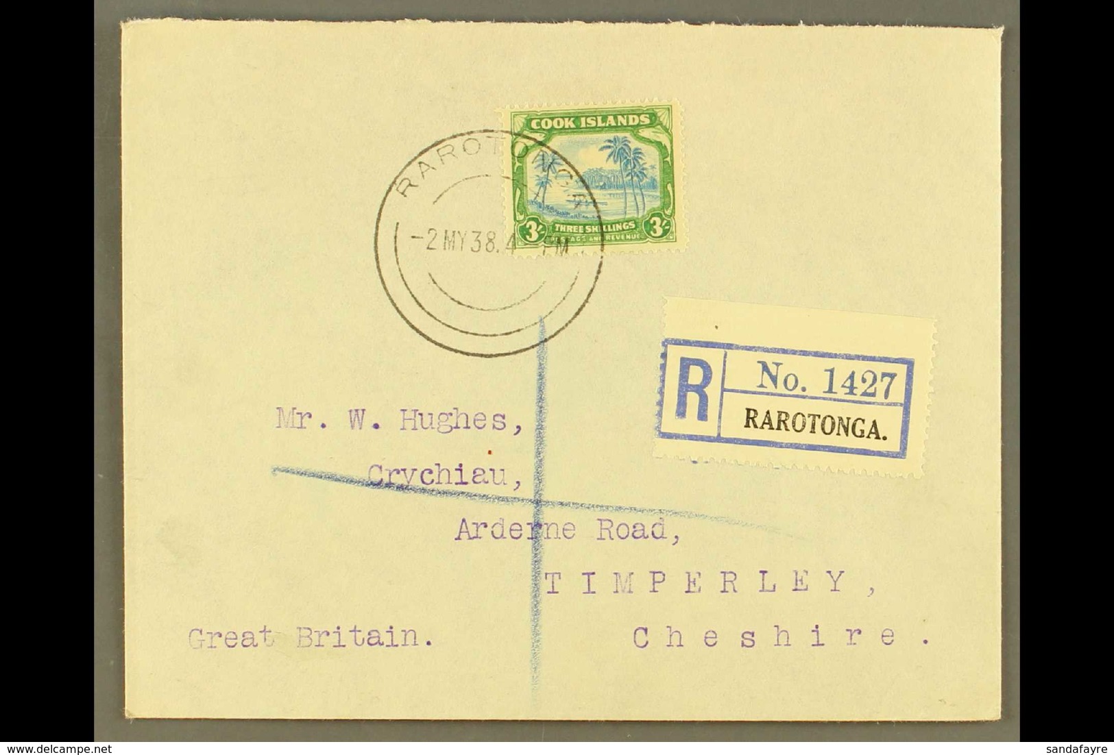 1938 (2nd May) Neat Envelope Registered To England, Bearing 3s Greenish Blue And Green, SG 129, Tied Rarotonga First Day - Islas Cook