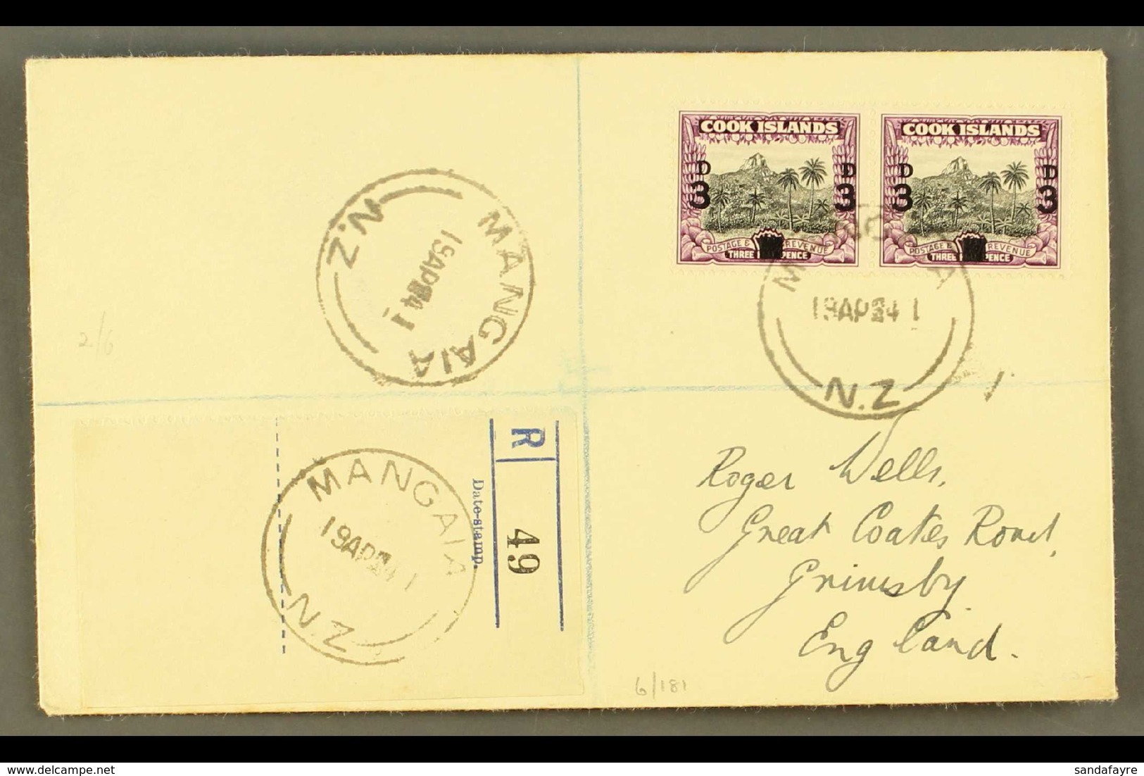 1940 3d On 1½d Black And Purple, SG 130, Horizontal Pair On Neat 1941 "Wells" Envelope Registered MANGAIA To England. Fo - Islas Cook