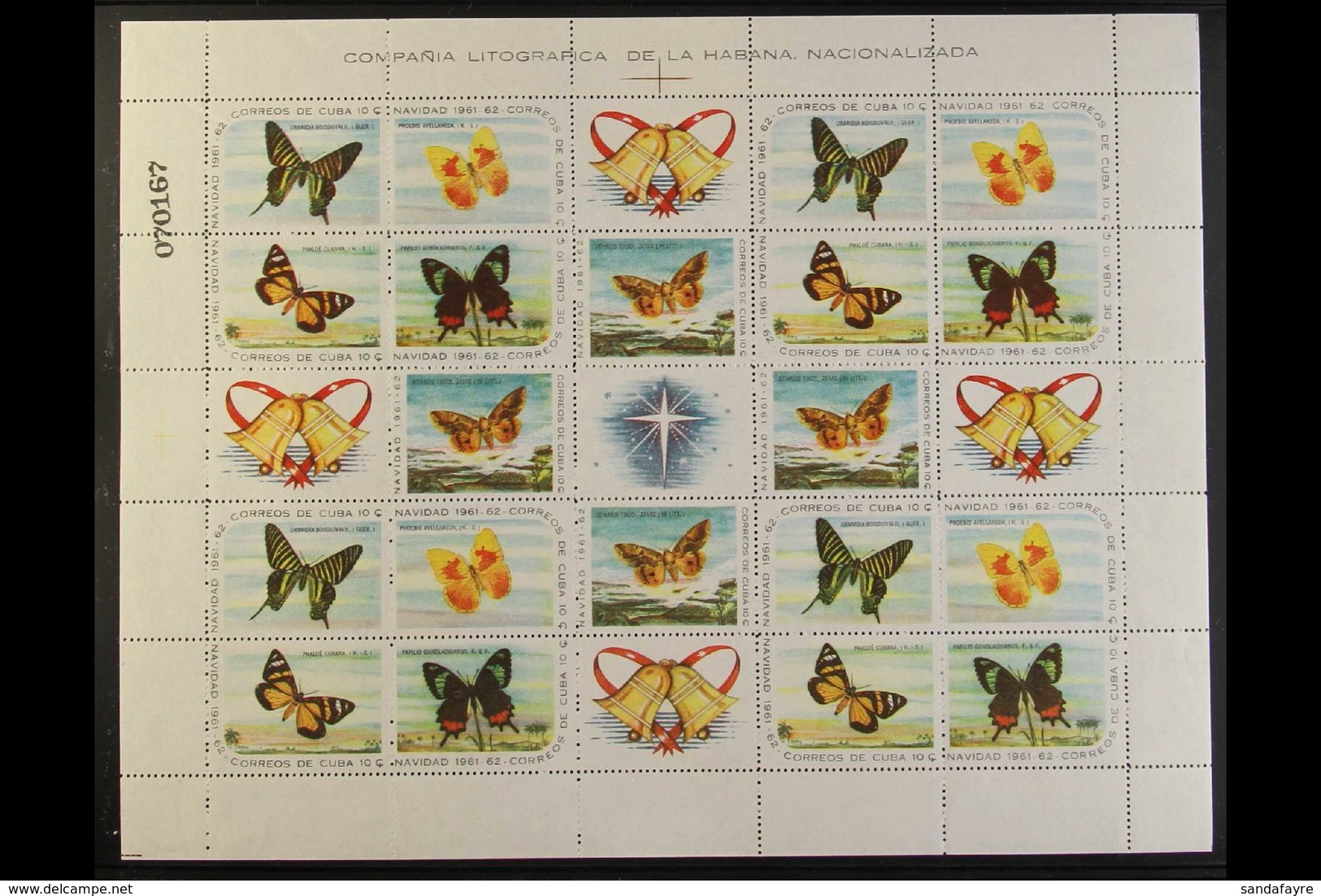 1961 CHRISTMAS SHEETS. Christmas Set (Scott 686/700) In Se-tenant Complete Sheets Of 20 Stamps Plus 5 Labels, (Butterfli - Otros & Sin Clasificación