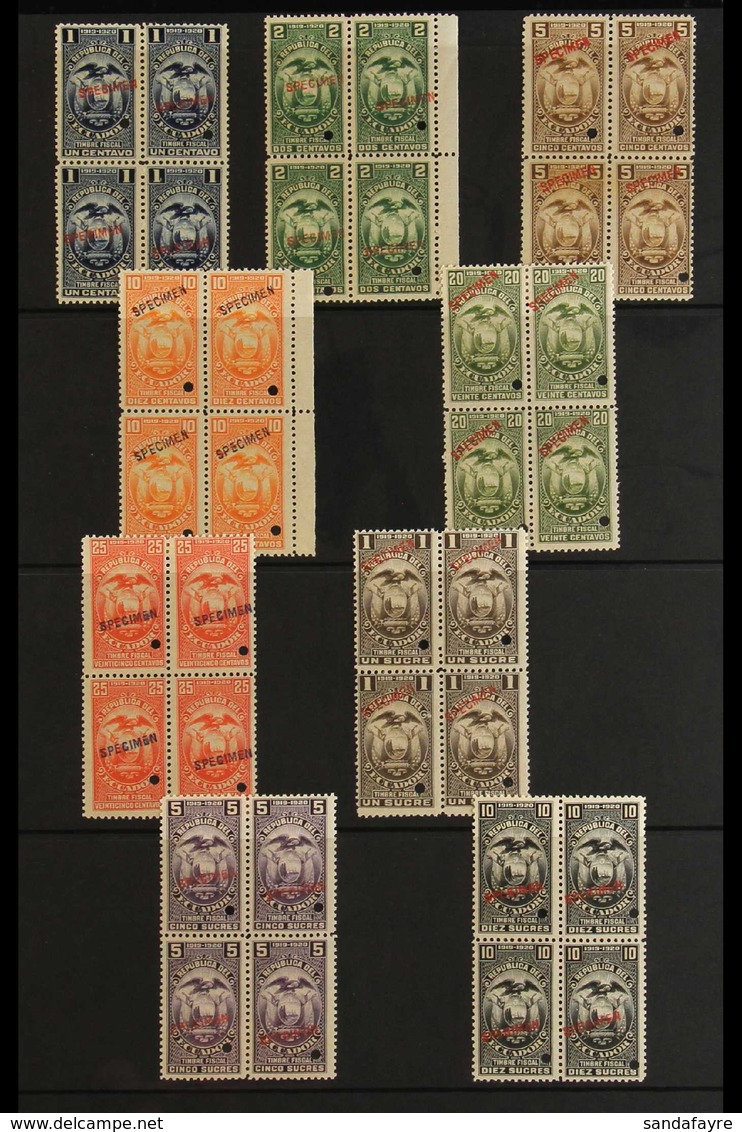 REVENUE STAMPS - SPECIMEN OVERPRINT SET. 1919-20 "Timbre Fiscal" Complete Set (1c To 10s) In NEVER HINGED MINT BLOCKS OF - Ecuador