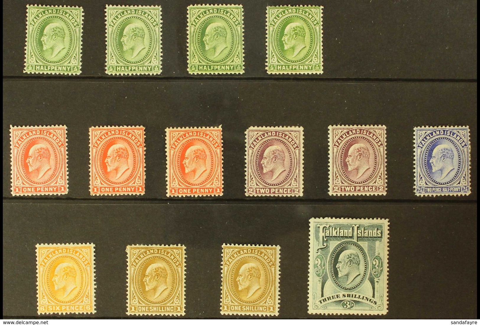 1904-12 KEVII Set To 3s Green, SG 43/49, Plus Some Additional Shades To 1s, Mint, Mostly Fine And Fresh. (14 Stamps) For - Falkland