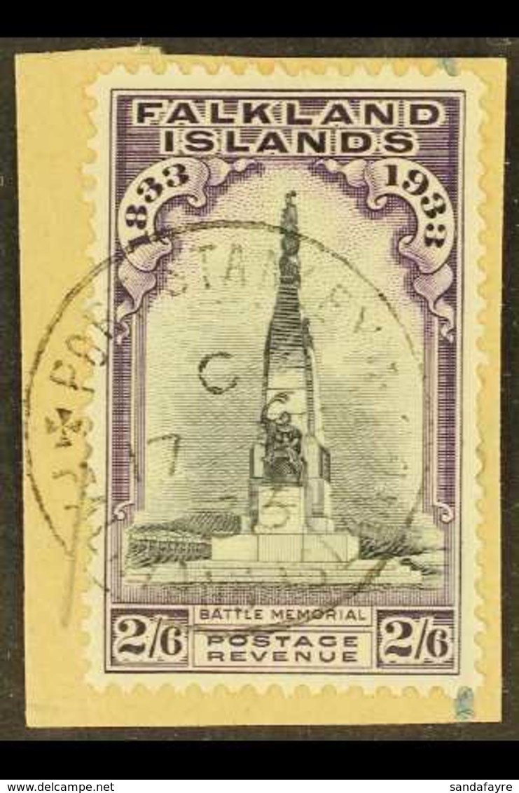 1933 Centenary 2s6d Black And Violet "Battle Memorial", SG 135, One Short Perf At Right, Tied On Small Piece By Fine Ful - Falklandeilanden