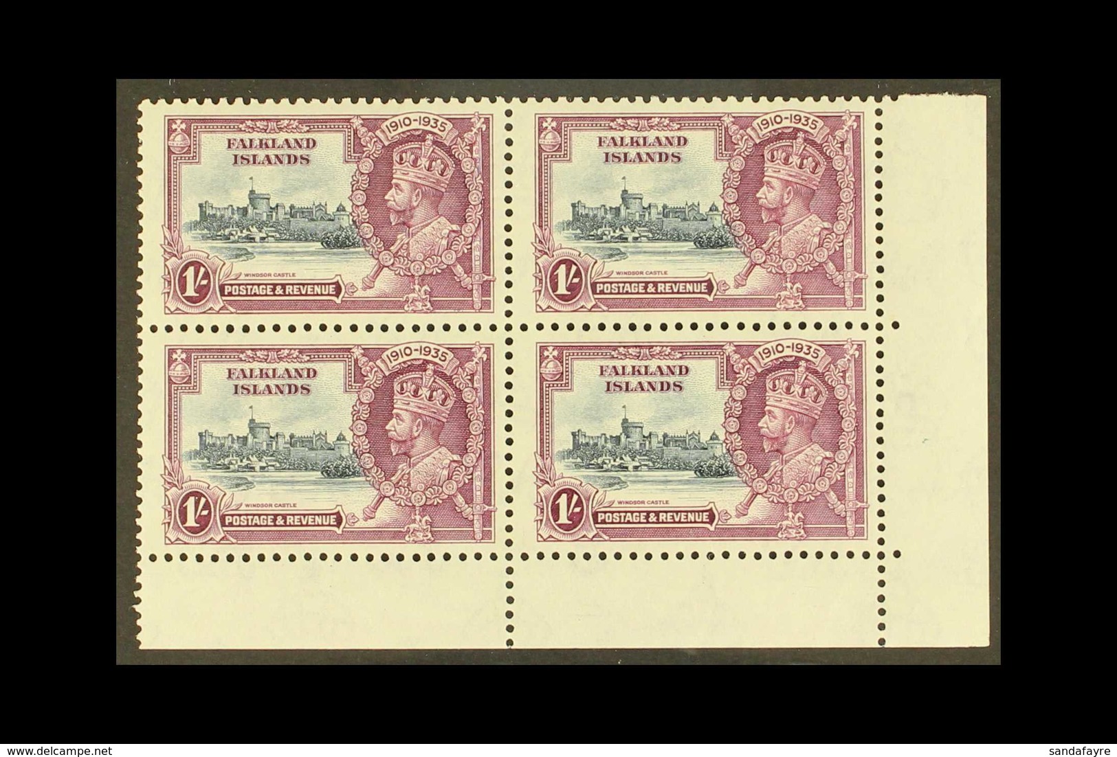 1935 1s Slate & Purple Jubilee, SG 142, Never Hinged Mint Lower Right Corner BLOCK Of 4, Very Fresh. (4 Stamps) For More - Falklandeilanden