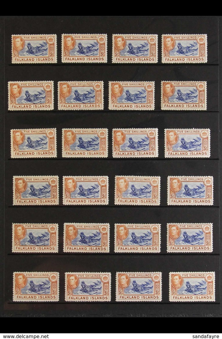 1938-50 5s "SEALION" SHADES ACCUMULATION CAT £4400+ A Pair Of Protective Stock Pages Bearing 37 Fine Mint Examples Of Th - Falklandinseln