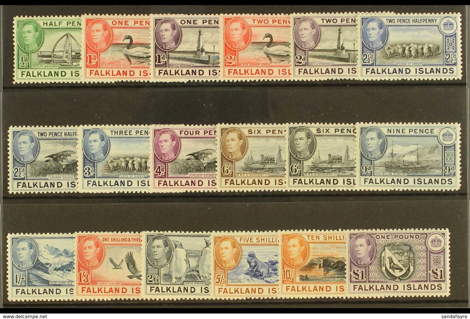 1938-50 Complete "Basic" Definitive Mint, SG 146/63, Lightly Hinged Very Fine Mint (18 Stamps) For More Images, Please V - Falklandeilanden