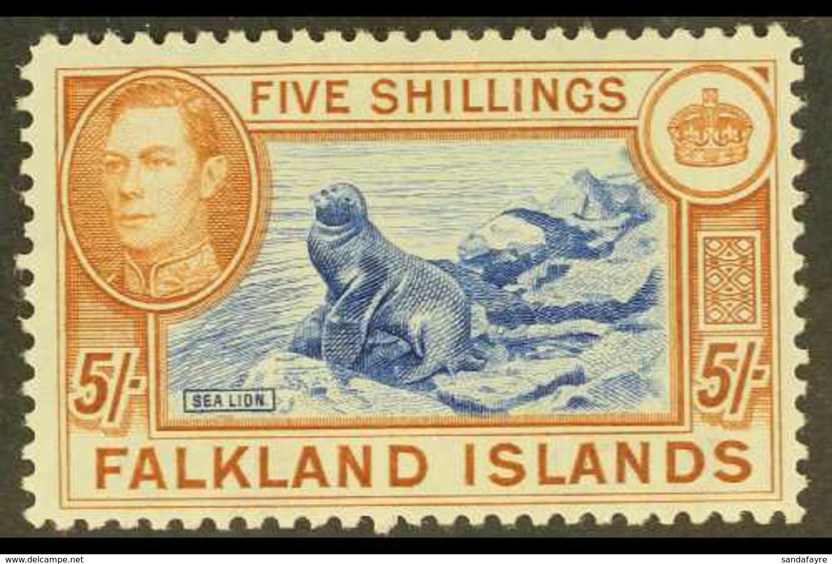 1938-50 KGVI Definitive 5s Steel Blue And Buff-brown (thin Paper), SG 161d, Never Hinged Mint. For More Images, Please V - Islas Malvinas