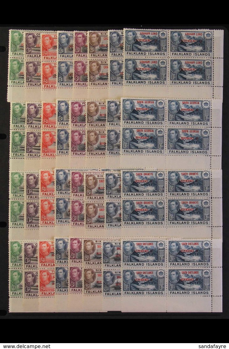 1944-45 Overprinted Sets For All Four Dependencies, SG A1/D8, In Matching Lower Right CORNER BLOCKS OF FOUR, Superb Neve - Islas Malvinas