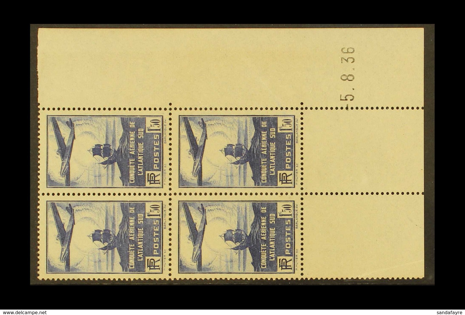 1936 1.50f Blue 100th Flight (SG 553, Yvert 320), Mint COIN DATES Dated Lower Right Corner BLOCK Of 4 (only One Stamp Hi - Other & Unclassified