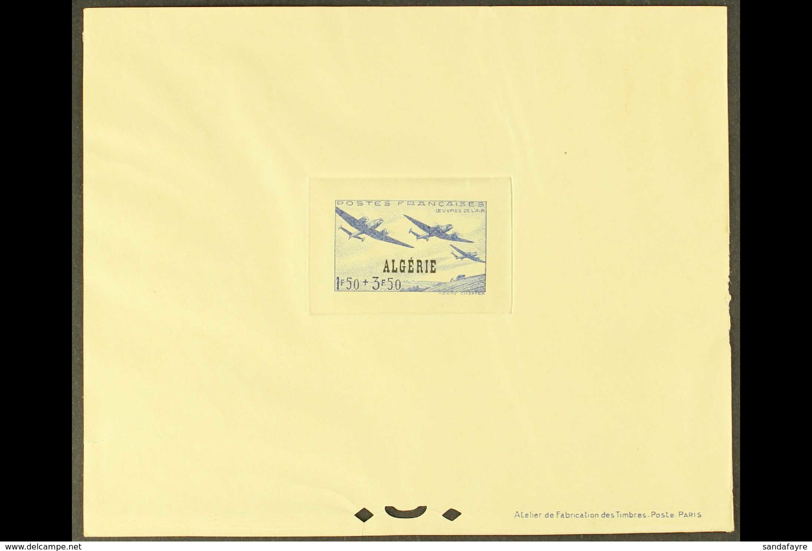 ALGERIA 1945 1.50f+3.50f Grey-blue Aircraft Airmen & Dependents' Fund (SG 249, Yvert 245) EPREUVE DE LUXE With "R F" Ove - Other & Unclassified