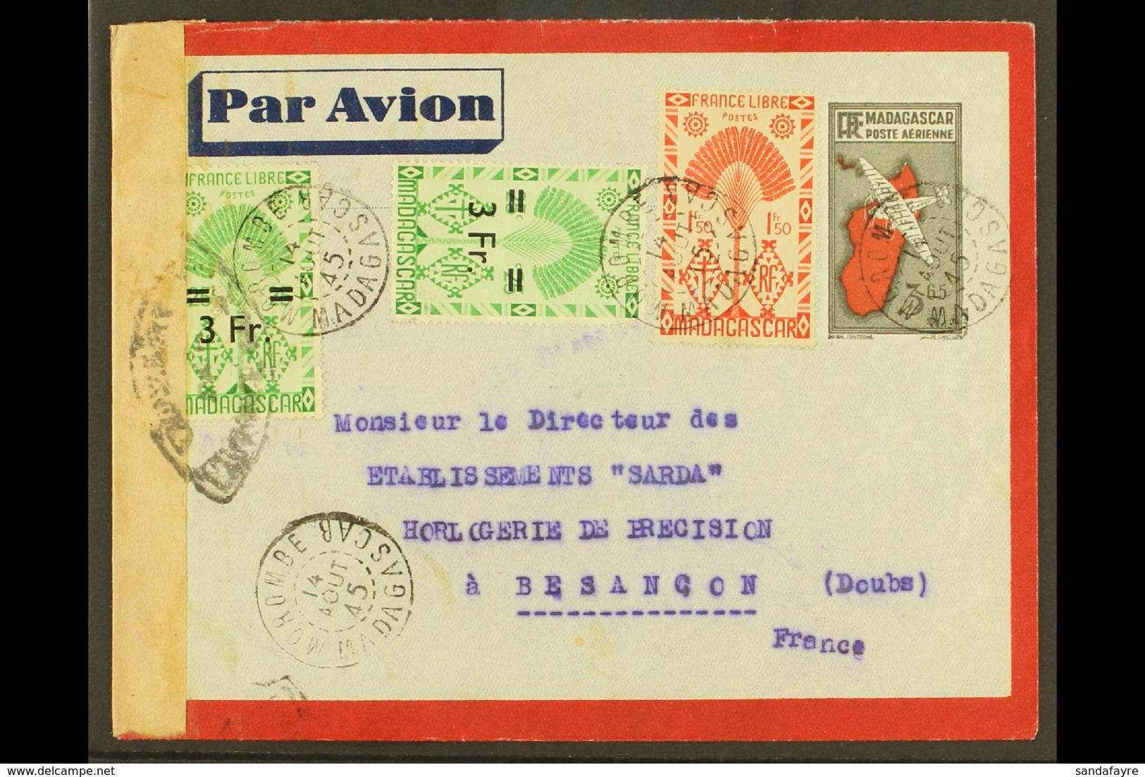 MADAGASCAR 1945 CENSOR COVER. A 3.65f Cover Uprated To Besancon France With Clearly Dated Cds. Pretty Cover For More Ima - Andere & Zonder Classificatie