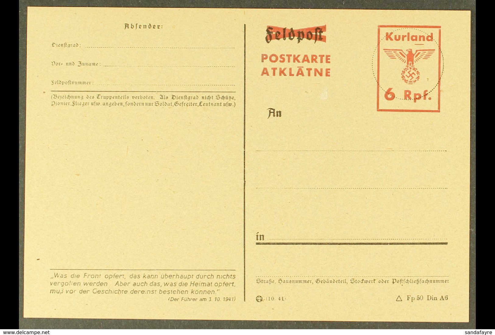 KURLAND 1945 "6 Rpf." Postal Stationery Postal Card With Red "Postkarte / Atklatne" Overprint And Fuhrer Quote From 3/10 - Other & Unclassified