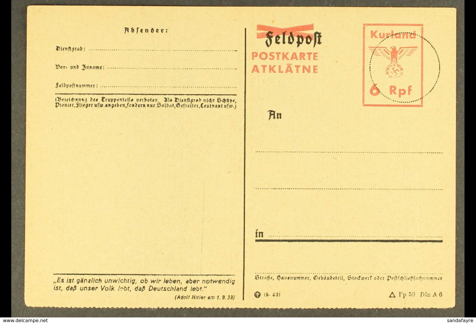 KURLAND 1945 "6 Rpf." Postal Stationery Postal Card With Red "Postkarte / Atklatne" Overprint And Adolf Hitler Quote Fro - Andere & Zonder Classificatie