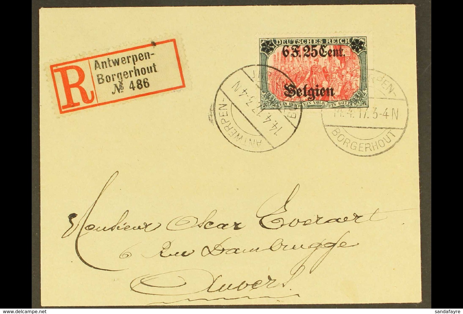 OCCUPATION OF BELGIUM 1917 (14 April) Registered Cover To Antwerp Bearing 6f25 On 5m (Mi 25, SG 25, COB OC25) Tied By Bo - Sonstige & Ohne Zuordnung